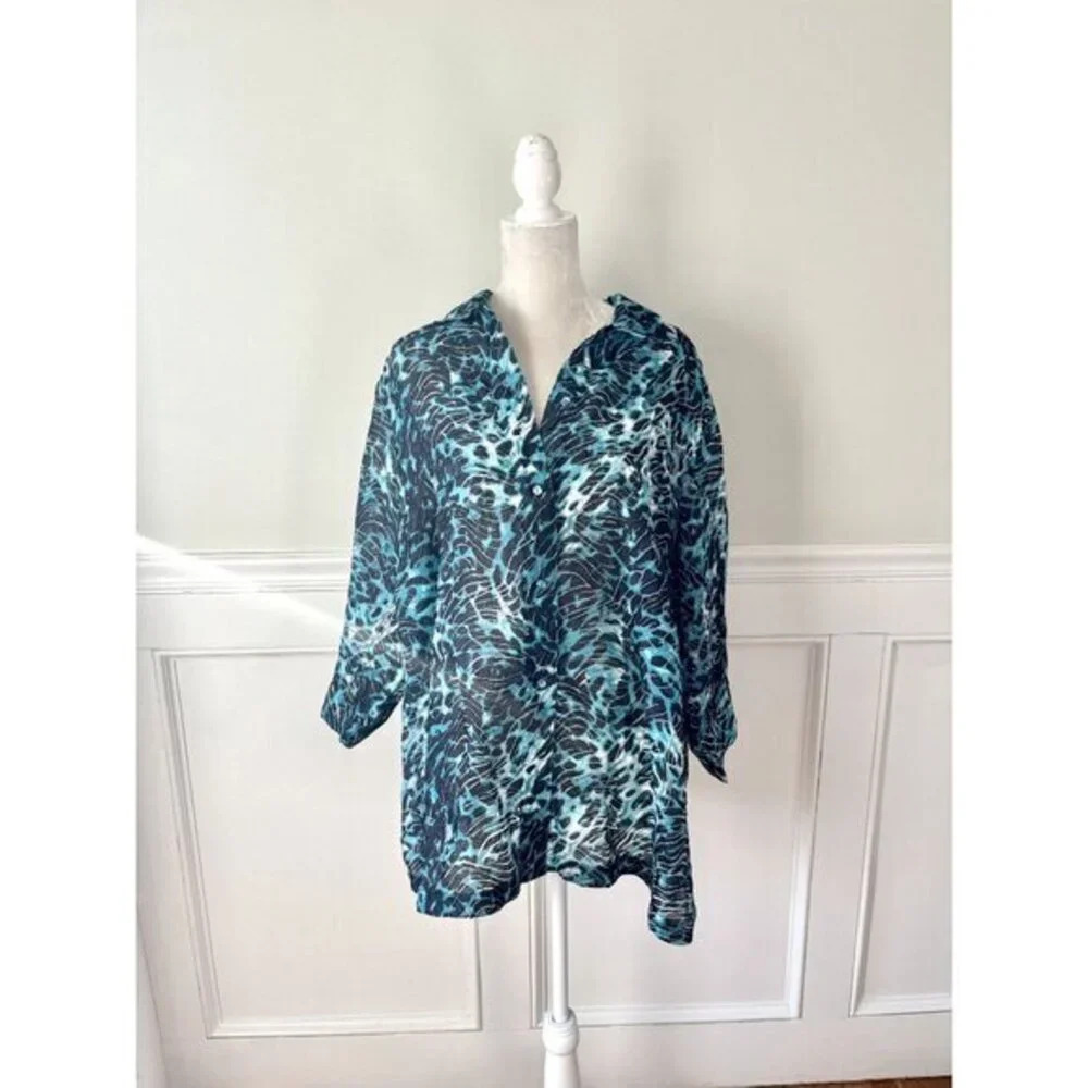 Allison Daley Textured Button Down Printed Blouse 24W Blue